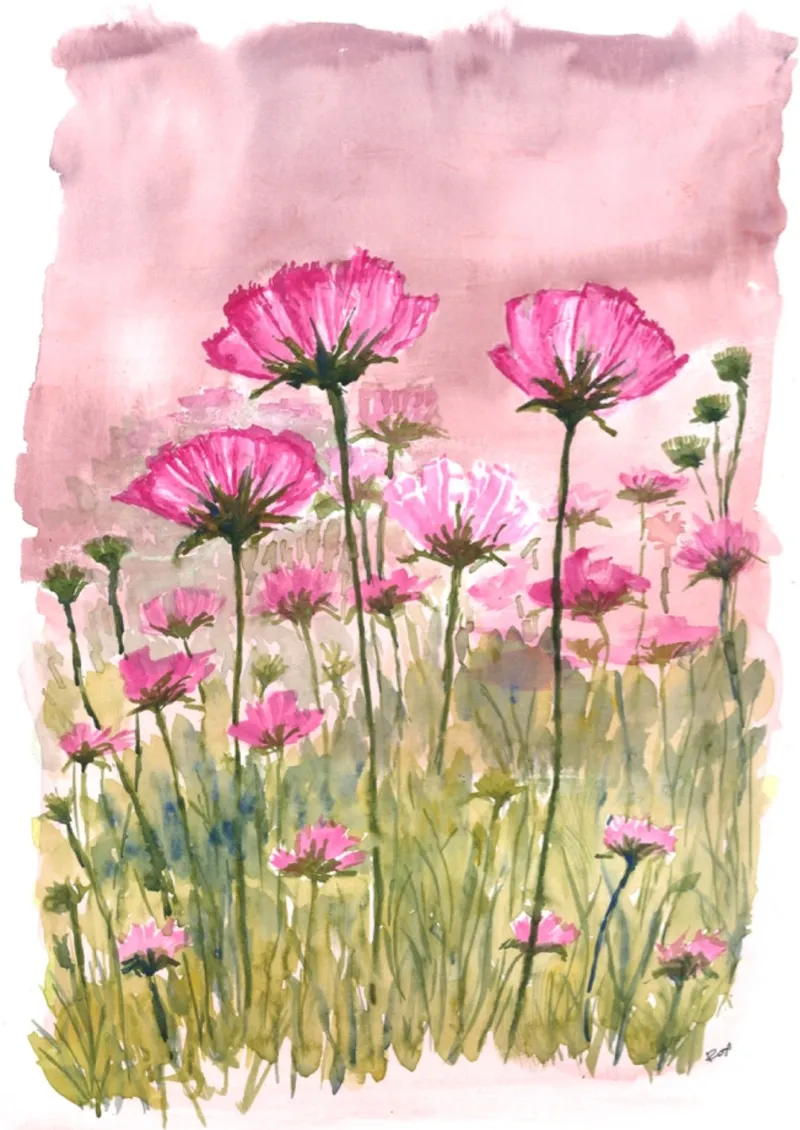 Grandes fleurs roses sur de hautes tiges, devant un fond rose délavé, à l'aquarelle.
