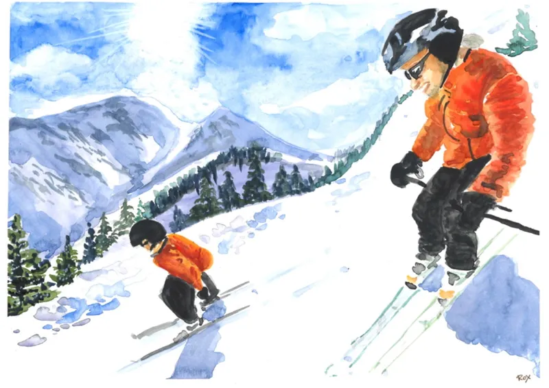 Sur les pistes — Aquarelle originale, format A3. Œuvre de Roxana Rodriguez.