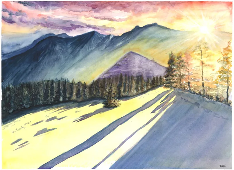 Coucher de soleil sur la neige — Aquarelle, format A3. Œuvre de Roxana Rodriguez.