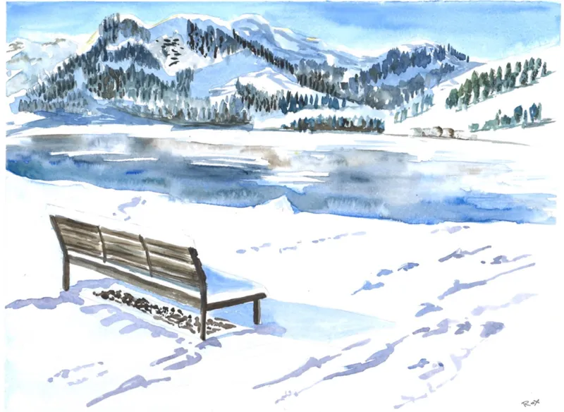 Le banc au bord du lac — Aquarelle originale, format A3. Œuvre de Roxana Rodriguez.