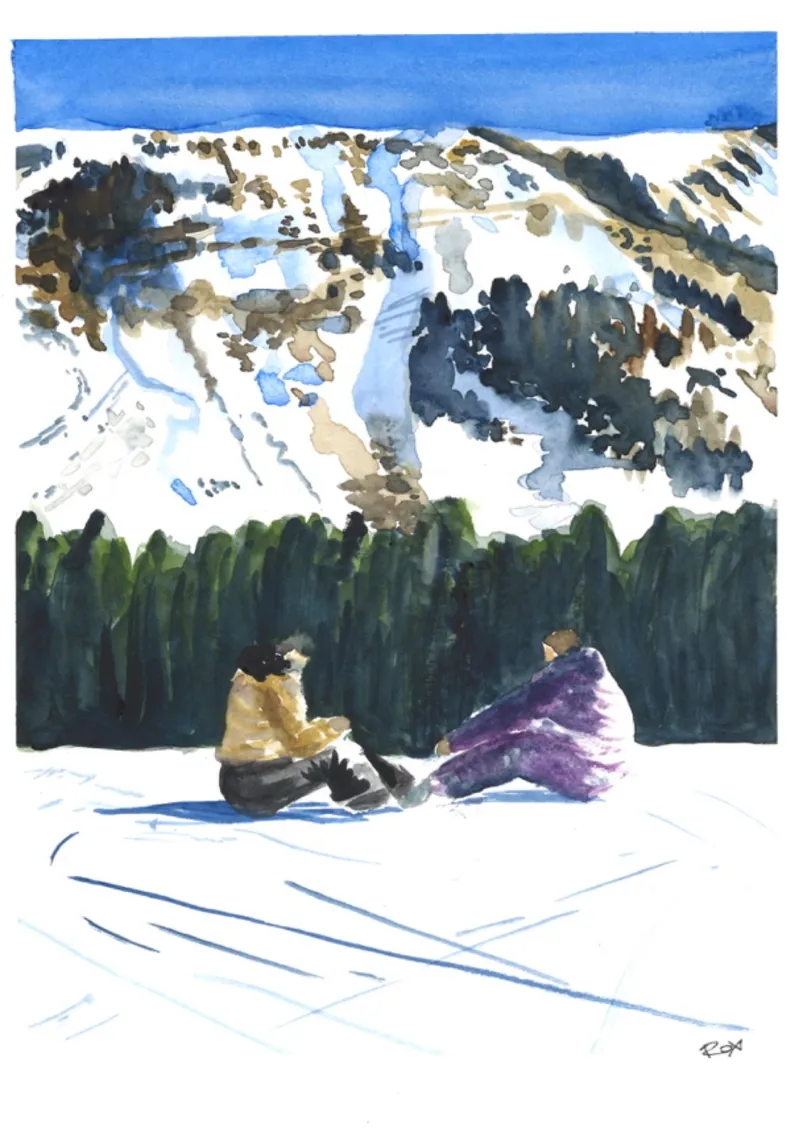 Pause dans la neige — Aquarelle originale, format A3. Œuvre de Roxana Rodriguez.