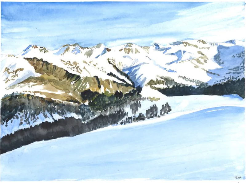 Sommets enneigés — Aquarelle originale, format A3. Œuvre de Roxana Rodriguez.