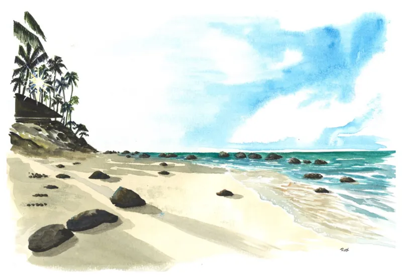 Plage de sable clair parsemée de rochers sombres, mer turquoise et palmiers sur un promontoire, à l'aquarelle.