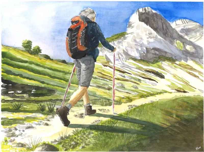 Rando — Aquarelle originale, format A3. Œuvre de Roxana Rodriguez.