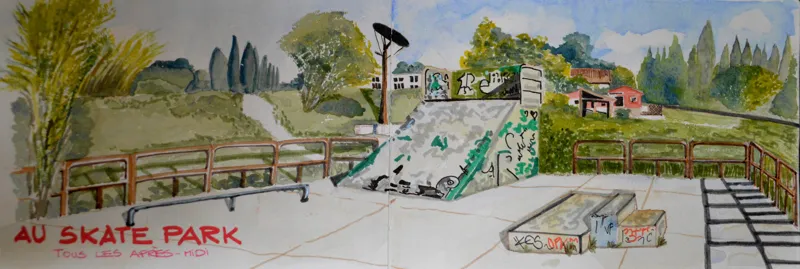 Au skate park — Carnet de confinement. Œuvre de Roxana Rodriguez.
