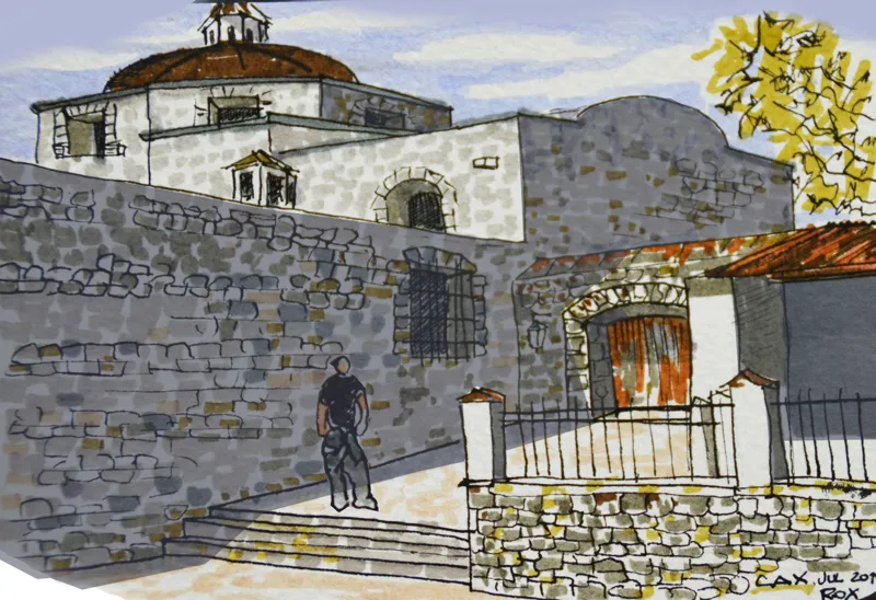 Ancien couvent II — Cajamarca, Pérou · croquis pour carte postale. Œuvre de Roxana Rodriguez.