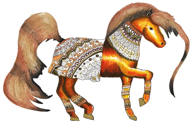 Cheval — Feutre et encre. Œuvre de Roxana Rodriguez.