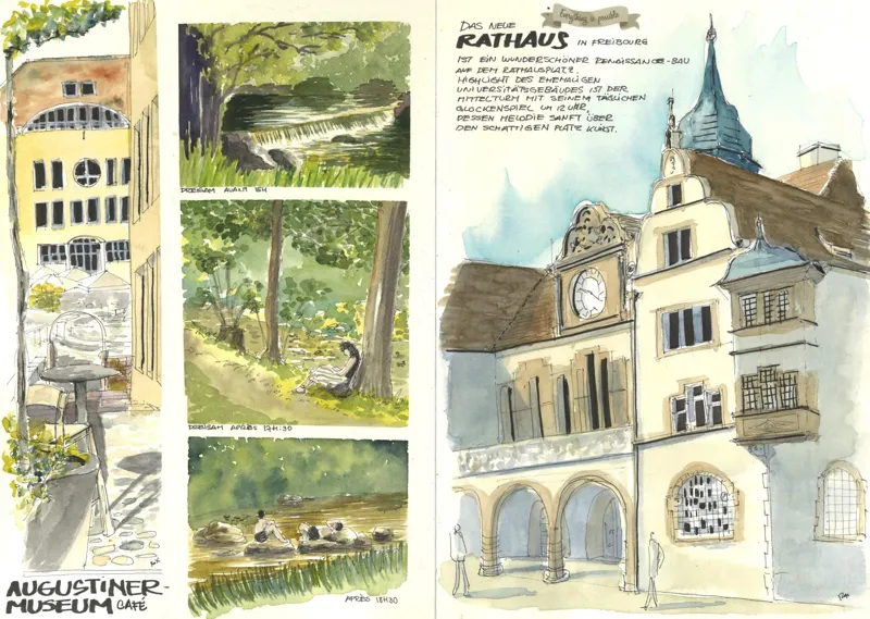 Double page de carnet avec la façade du musée des Augustins et des petites vues de la ville.