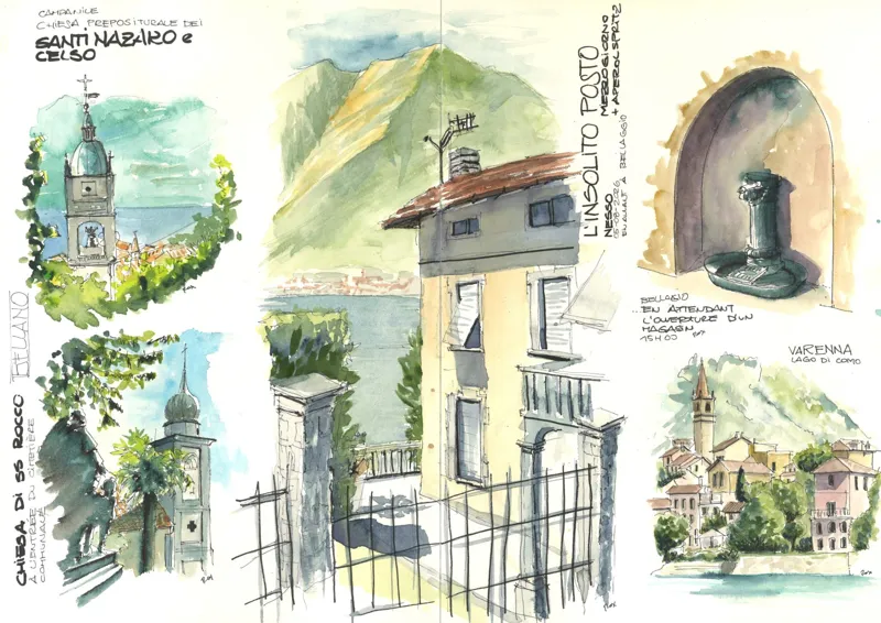 Double page de carnet sur Bellano : églises, ruelles, portail et vues du lac, à l'aquarelle.