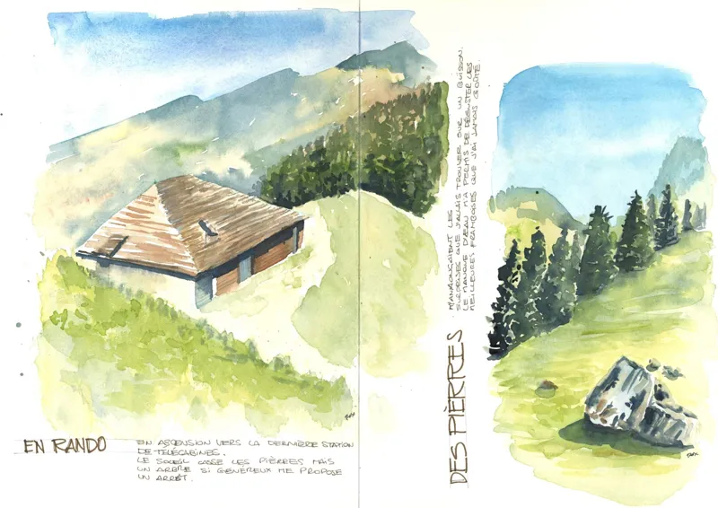 Double page de carnet : chalet d'alpage et sapins en montant vers le téléphérique de Charmey, et deux rochers dans un pré, à l'aquarelle.