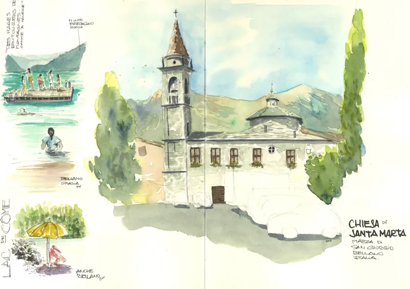 Double page de carnet : église au bord du lac de Côme, bateau et baigneurs à l'aquarelle.