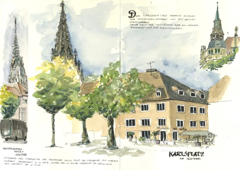Place arborée et cathédrale de Fribourg-en-Brisgau, à l'encre et à l'aquarelle sur une double page.