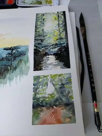 Deux études de chemins en forêt à l'aquarelle, dans la lumière du soir.
