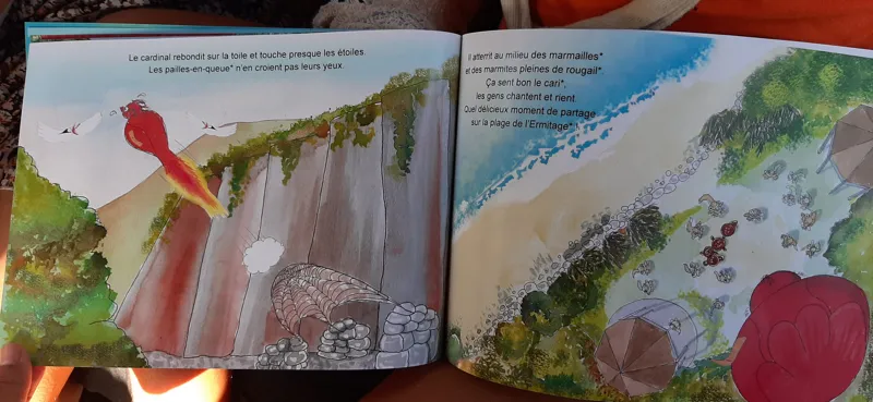 La Réunion des Amis — une page — Album jeunesse. Œuvre de Roxana Rodriguez.
