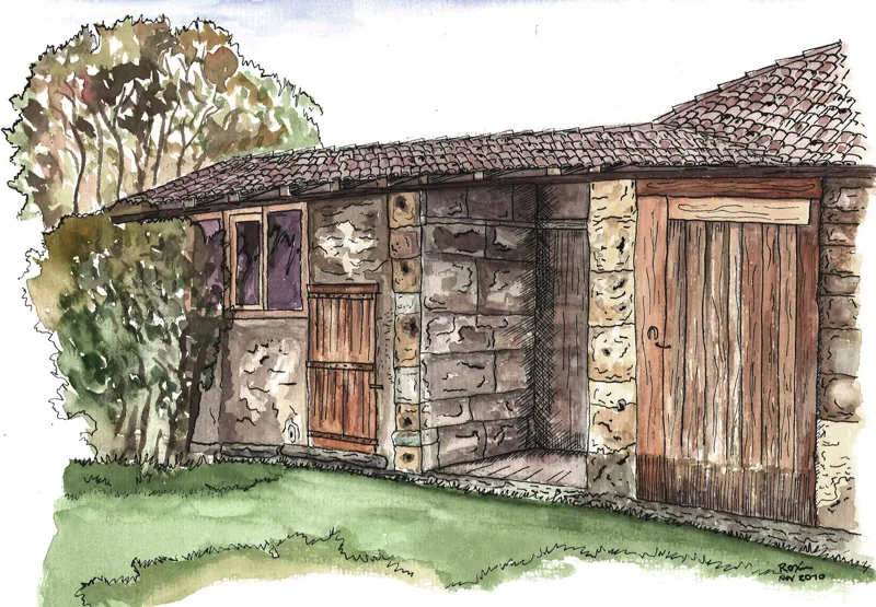 Écuries — Illustration de bâtiment. Œuvre de Roxana Rodriguez.