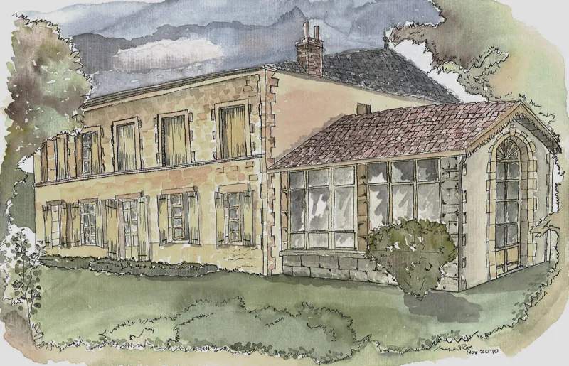 Façade principale — Illustration de bâtiment. Œuvre de Roxana Rodriguez.