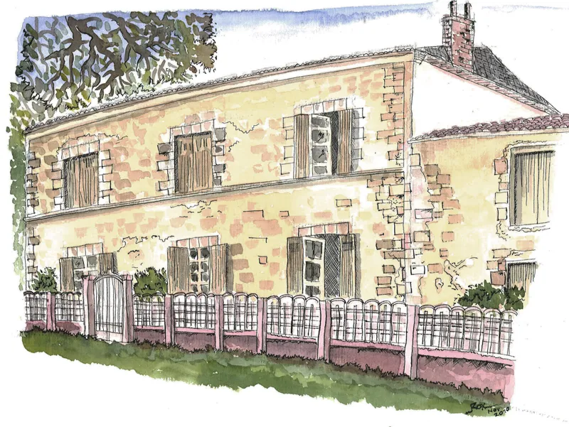 Façade secondaire de maison en campagne — Illustration de bâtiment. Œuvre de Roxana Rodriguez.