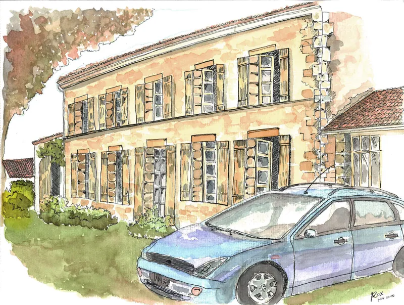 Maison de famille — Illustration de bâtiment. Œuvre de Roxana Rodriguez.