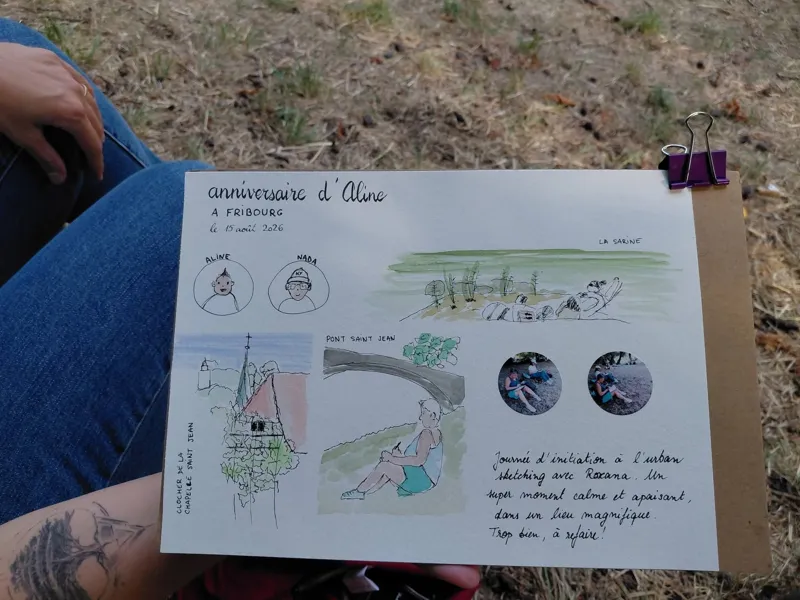 Page de carnet d'une participante : portraits, la Sarine, le pont de Saint-Jean, le clocher et un mot sur la journée d'initiation avec Roxana.