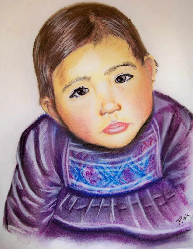Portrait d'enfant — D'après photo · pastel sec. Œuvre de Roxana Rodriguez.