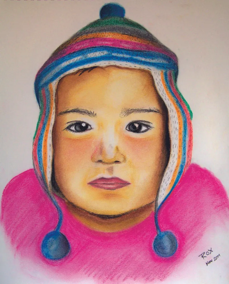 Petite Péruvienne — Portrait d'enfant · pastel sec. Œuvre de Roxana Rodriguez.