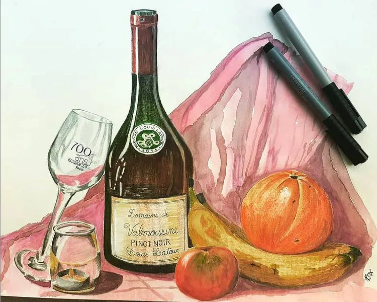 Nature morte à la bouteille — Technique mixte. Œuvre de Roxana Rodriguez.