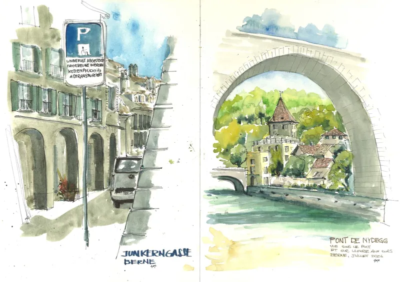 Doppelseite im Skizzenbuch: Lauben der Junkerngasse und Blick unter der Nydeggbrücke in Bern, in Tinte und Aquarell.