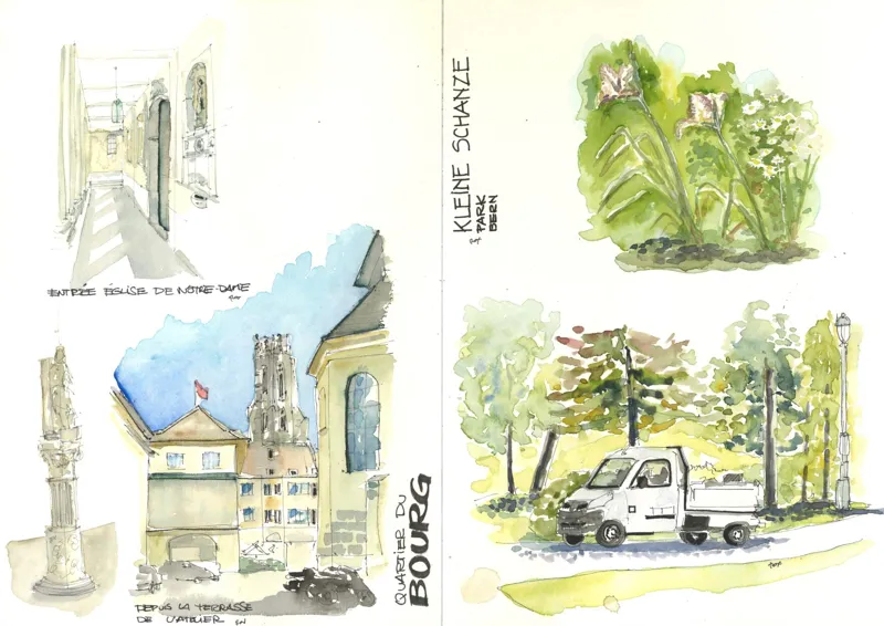 Double page de carnet : entrée de l'église Notre-Dame et quartier du Bourg à Fribourg, fleurs et camionnette au parc Kleine Schanze à Berne, à l'aquarelle.