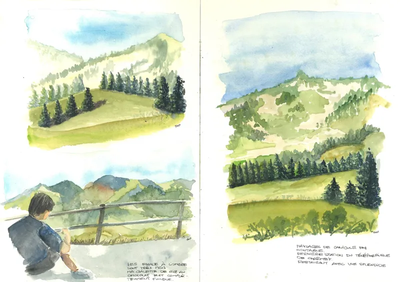 Double page de carnet : alpages, sapins et un promeneur assis face aux montagnes de Charmey, à l'aquarelle.
