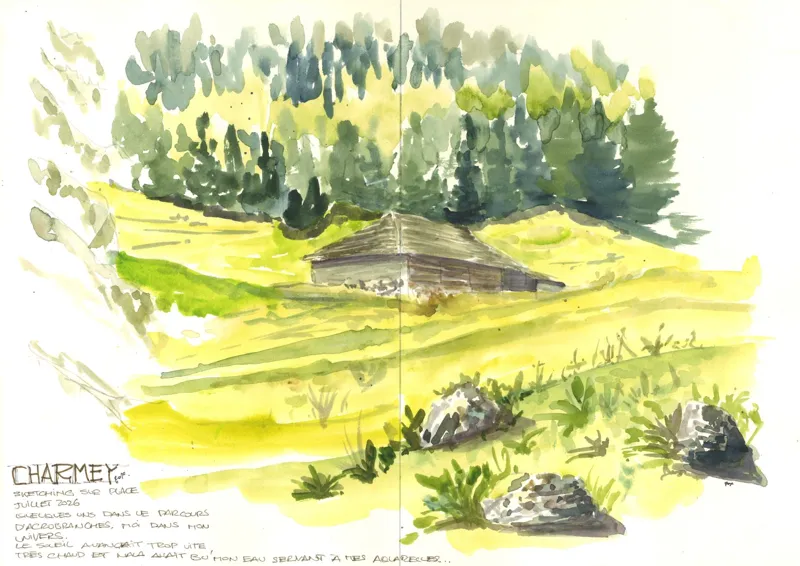Alphütte und Felsen in einer sonnigen Wiese bei Charmey, in Aquarell auf einer Doppelseite.