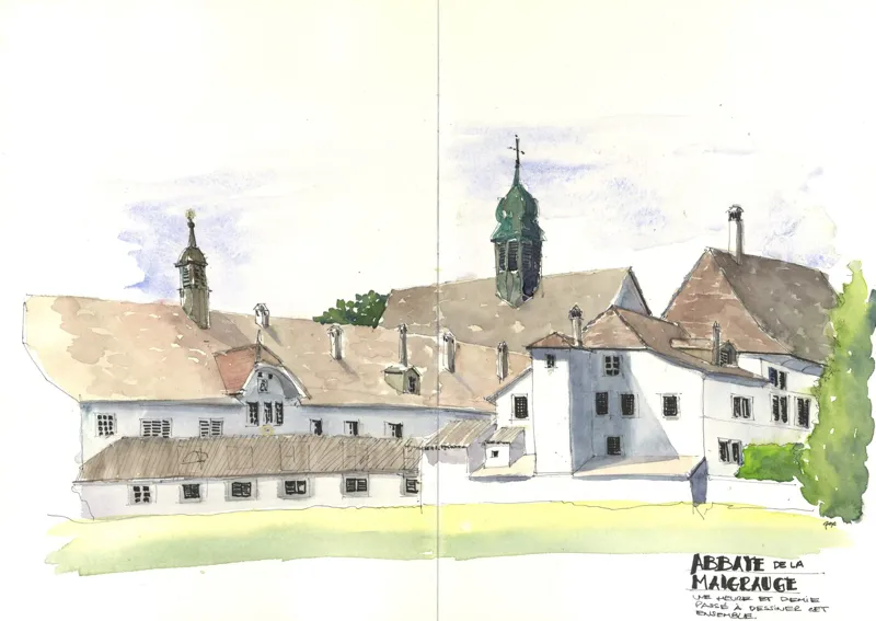 L'abbaye de la Maigrauge à Fribourg, ses toits et ses clochers, à l'encre et à l'aquarelle sur une double page.