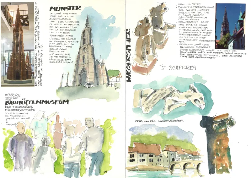 Double page de carnet : la cathédrale de Fribourg-en-Brisgau, ses gargouilles, une visite du Bauhüttenmuseum et des notes manuscrites, à l'encre et à l'aquarelle.