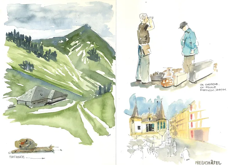 Doppelseite im Skizzenbuch: Alphütte unter einem Gipfel, eine Schnecke «Geduld…», zwei Männer, die in Dietikon suchen, und ein Platz in Neuenburg, in Tinte und Aquarell.