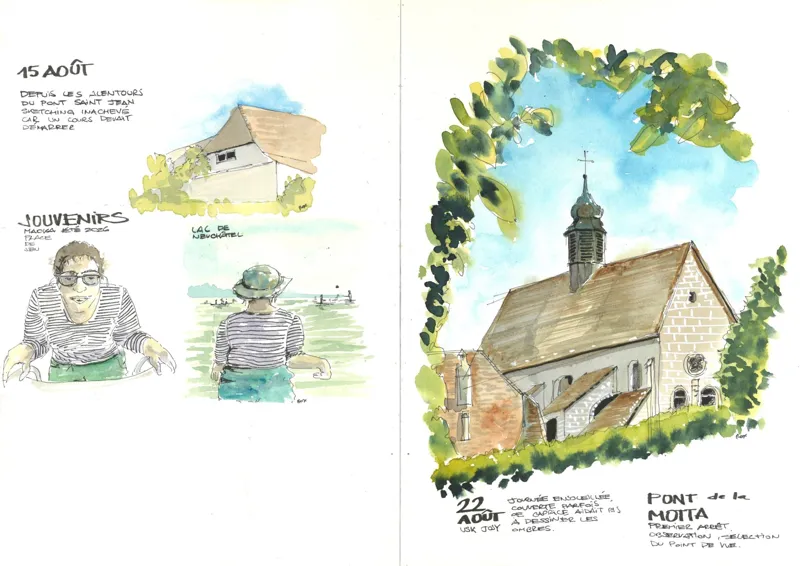 Doppelseite im Skizzenbuch: ein Haus bei der Saint-Jean-Brücke, zwei Sommererinnerungen und die Kapelle bei der Motta-Brücke, in Aquarell.