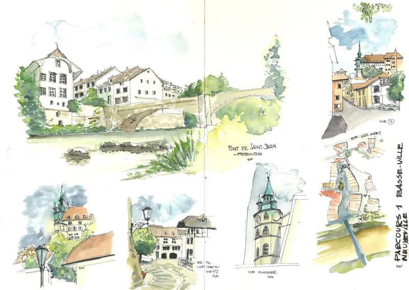 Double page de carnet : le pont de Saint-Jean sur la Sarine et des vues de la Basse-Ville de Fribourg, avec un petit plan du parcours.