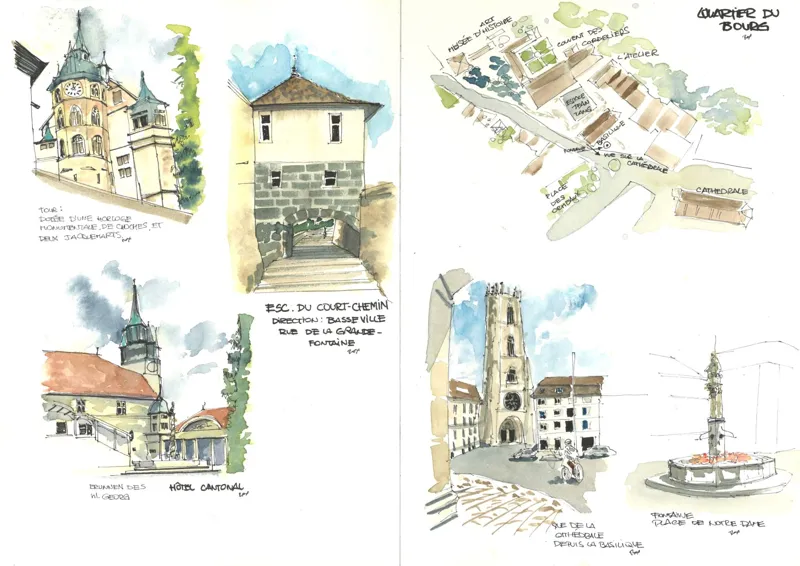 Double page de carnet sur le quartier du Bourg à Fribourg : tour à horloge, escaliers du Court-Chemin, fontaine, cathédrale et plan dessiné.