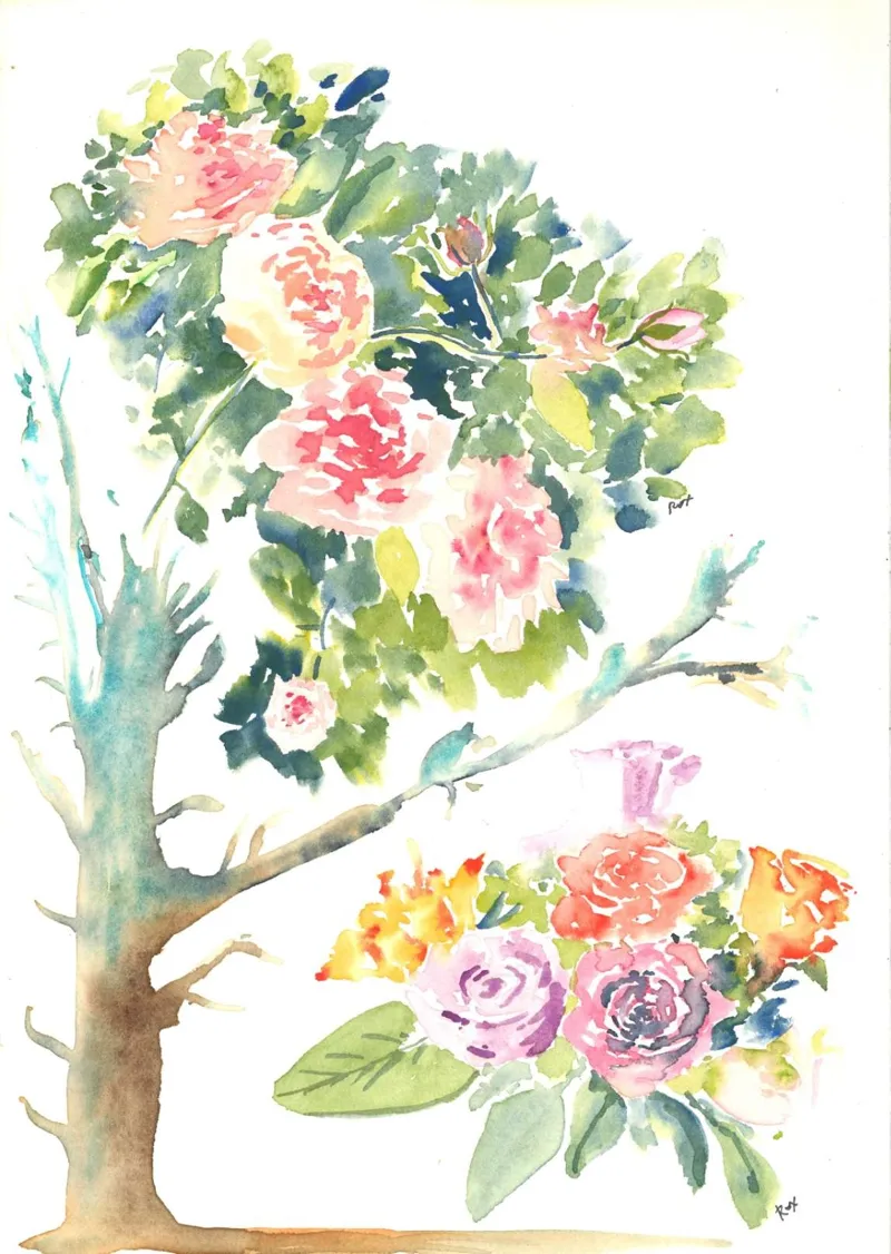 Bouquet de roses roses et orangées et un arbre bleuté, à l'aquarelle sur une page de carnet.