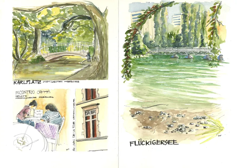 Double page de carnet : pont du Stadtgarten, deux jeunes femmes au café Incontro, une fenêtre et le lac Flückigersee, à l'aquarelle.