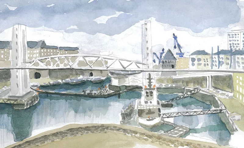 Le port et le pont — Étude urbaine. Œuvre de Roxana Rodriguez.