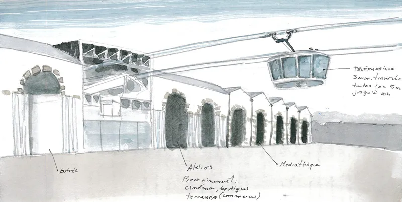 Seilbahnstation — Brest · Restaurierung der alten Lagerhallen. Werk von Roxana Rodriguez.